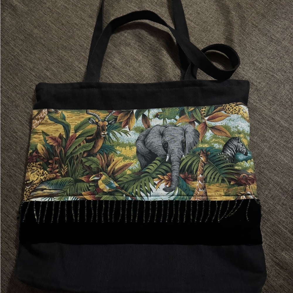 Black Tote beaded Bag with Tropical Animal Print Panel